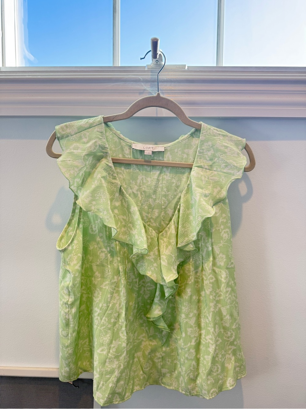 LOFT Light Green Ruffle-Trim Sleeveless V-Neck Top